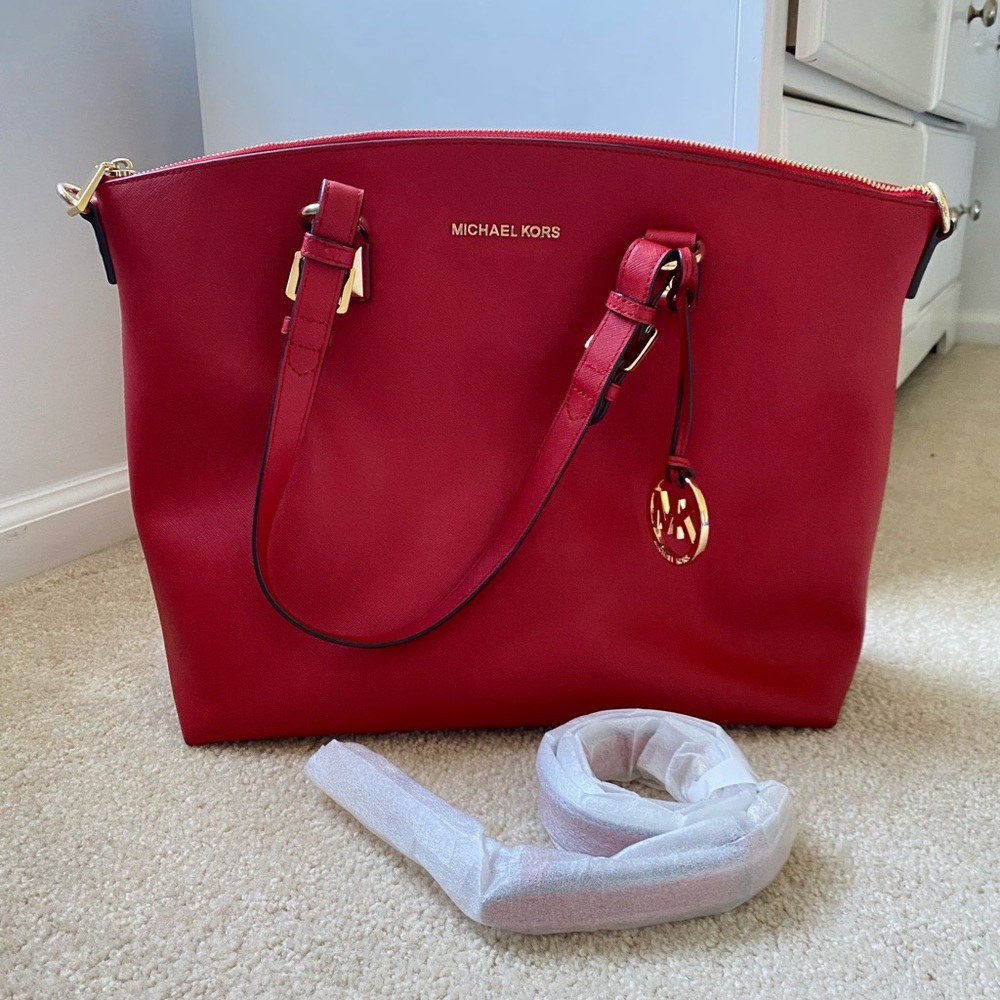 Michael Kors bright red satchel tote bag
